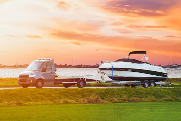 Boat being towed at sunset on UK road