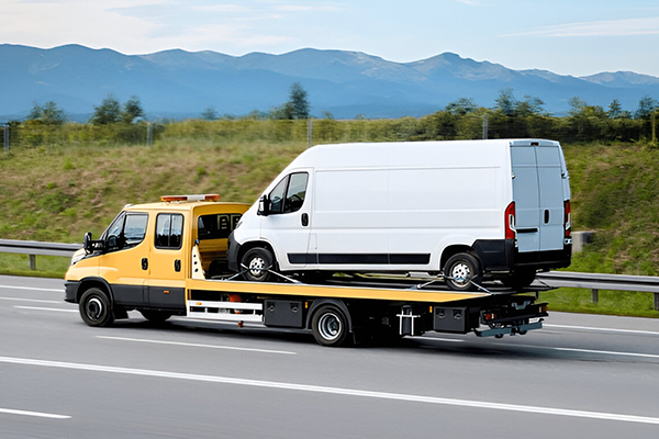 Commercial van being transported on recovery vehicle