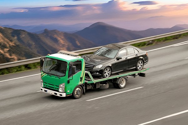 Black car on flatbed truck in rural landscape