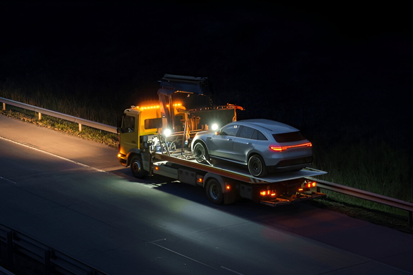 Night vehicle recovery with full floodlights and safety team