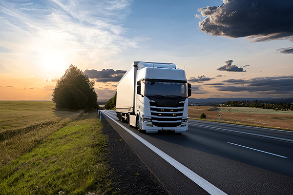 HGV lorry driving on open road at sunset
