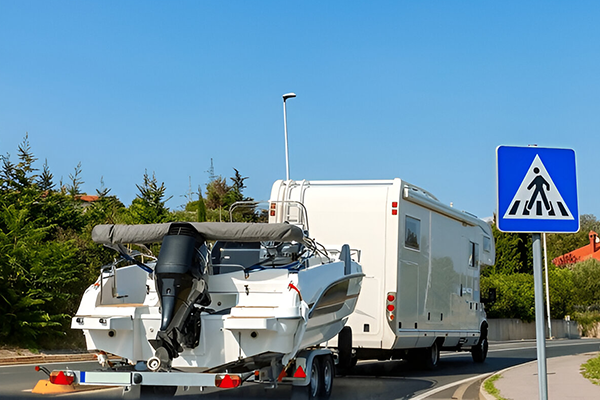 Motorhome with speedboat in tow on UK road
