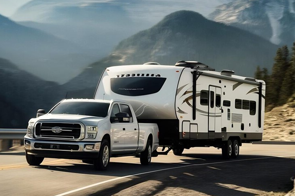 4x4 vehicle towing caravan through mountain roads