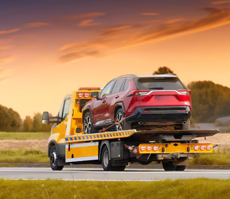 Red SUV being transported on recovery truck at sunset