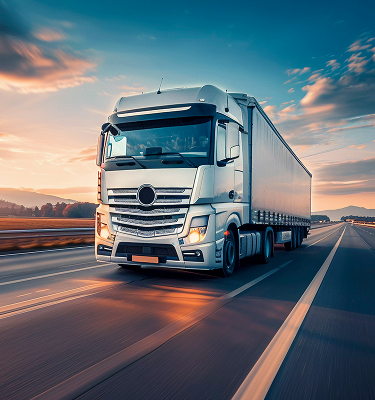 Modern HGV truck driving at speed on clear UK motorway