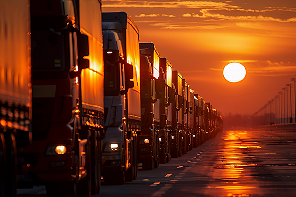 Lined-up recovery trucks parked at sunset
