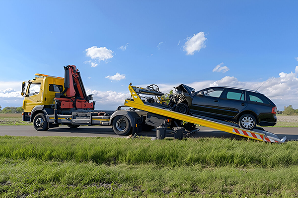 Breakdown truck recovering vehicle from grass verge