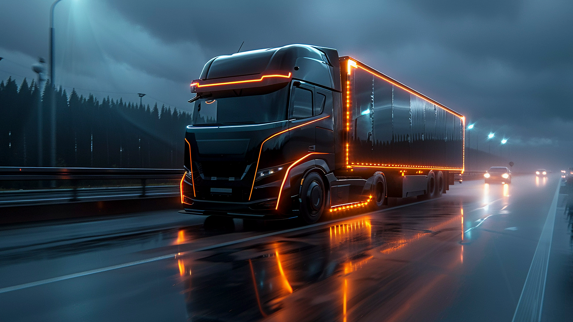 Truck with orange lighting driving through rain at night